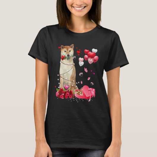 Funny Shiba Inu Rose Heart Happy Valentine Day Dog Tシャツ (正面)