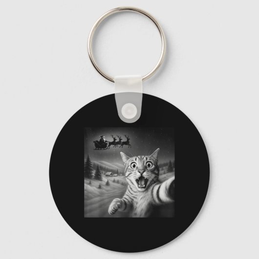 Funny Shocked Cat Selfie Santa Sleigh Christmas Ni キーホルダー (正面)