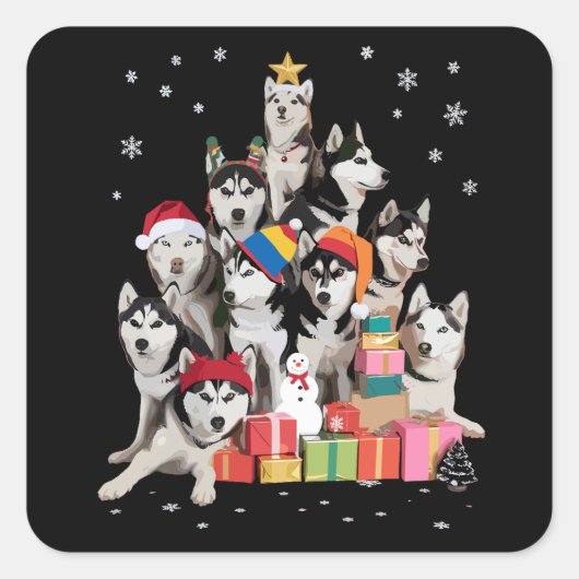 Funny Siberian Husky Christmas Tree Pet Dog Lover  スクエアシール (正面)