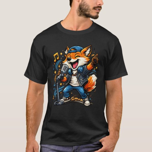 Funny Singing Fox Cartoon Music Design Tシャツ (正面)