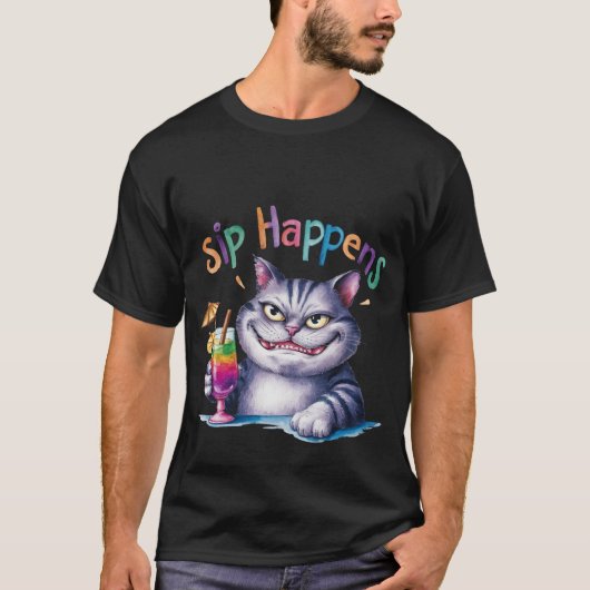 Funny "Sip Happens"Watercolor Cat Cocktail🍹🐈 Tシャツ (正面)