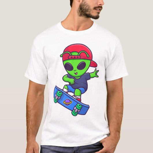 Funny Skateboarding Alien Streetwear Design Tシャツ (正面)