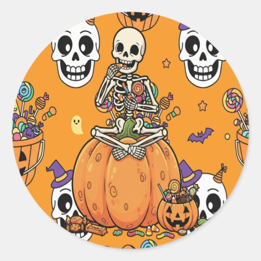 Funny Skeleton And Candy For Halloween ラウンドシール (正面)