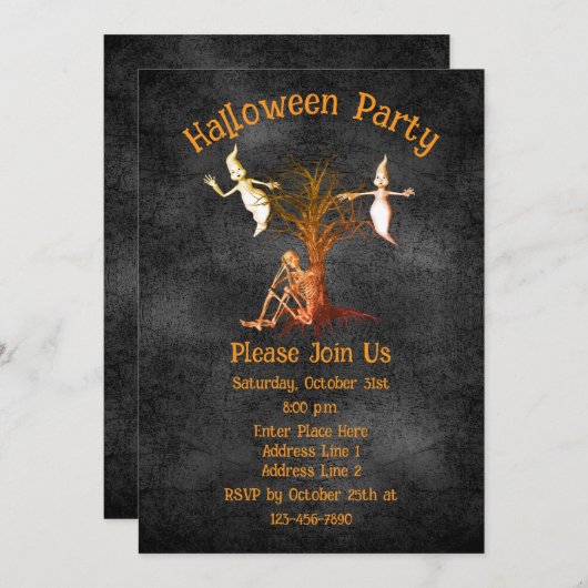 Funny Skeleton And Ghosts Halloween 招待状 (正面/裏面)