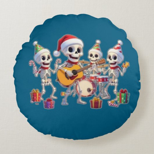 Funny Skeleton Band Christmas & New Year – 3D Cart ラウンドクッション (正面)