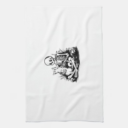 Funny Skeleton Cat Skull Kitty Cute Cat Goth Hallo キッチンタオル (縦)