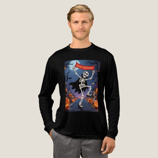 Funny Skeleton Dancing with "Happy Halloween" Bann トライブレンドＴシャツ (正面全体)