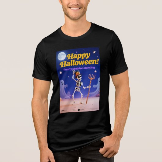 Funny Skeleton Dancing with "Happy Halloween" Bann トライブレンドＴシャツ (正面)