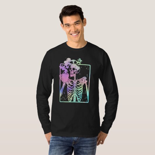 Funny Skeleton Drinking Coffee Caffeine Coffee B Tシャツ (正面フル)