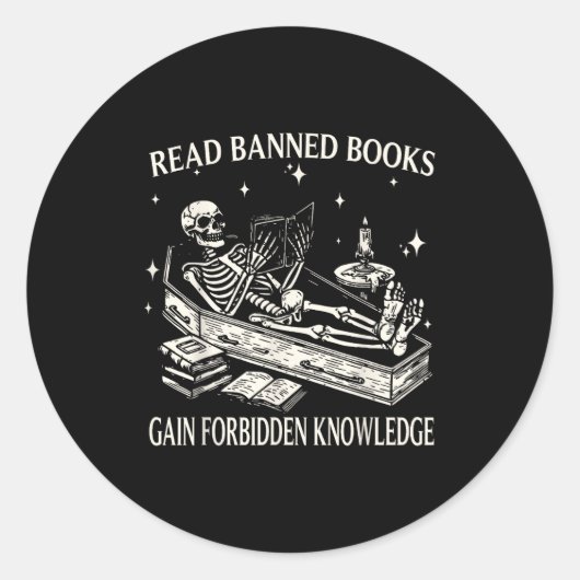 Funny Skeleton Read Banned Books Gain Forbidden Kn ラウンドシール (正面)