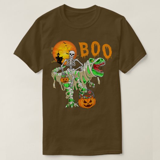Funny Skeleton Riding TRe Dinosaur Pumpkin Hallowe Tシャツ (デザイン正面)