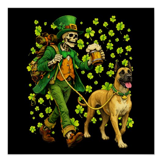 Funny Skeleton Walking Great Dane Gothic Dog Lover ポスター (正面)