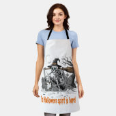 Funny Skeleton Witch Drinking Coffee | Spooky Hall エプロン (着用した状態)