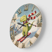 Funny Skiing Dinosaur Cute Winter T-Rex Ski ラージ壁時計 (傾斜)