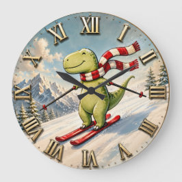 Funny Skiing Dinosaur Cute Winter T-Rex Ski ラージ壁時計