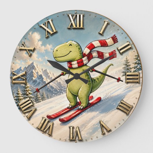 Funny Skiing Dinosaur Cute Winter T-Rex Ski ラージ壁時計 (正面)