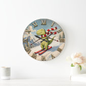 Funny Skiing Dinosaur Cute Winter T-Rex Ski ラージ壁時計 (ホーム)