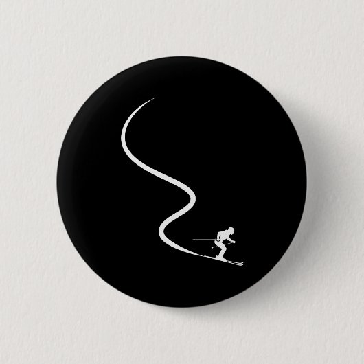 Funny skiing skier silhouette powder trail mountai 缶バッジ (正面)