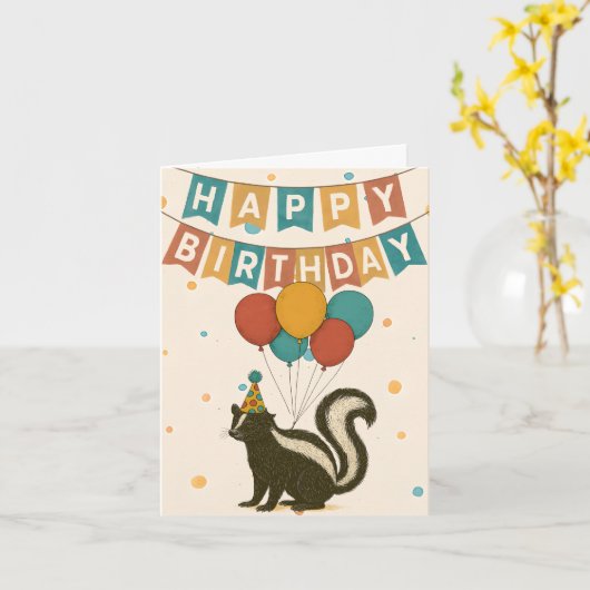 Funny Skunk Birthday Card – Balloons & Party Hat カード (黄色い花)