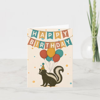 Funny Skunk Birthday Card – Balloons & Party Hat カード