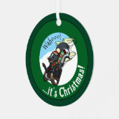 Funny Skunk On A Sled It's Christmas! Cartoon メタルオーナメント (正面左)