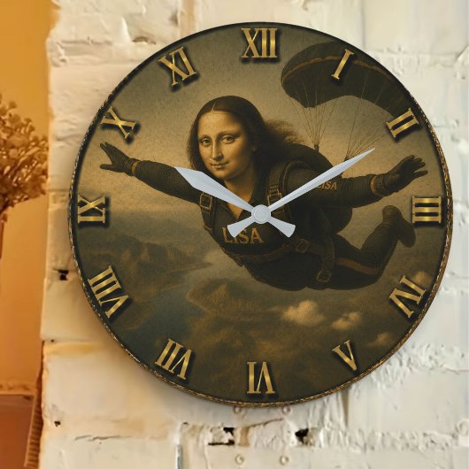 Funny Skydiving Mona Lisa Parachute Skydiver Gift ラージ壁時計