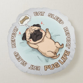 Funny Sleeping Pug Round Pillow | Eat Sleep Repeat ラウンドクッション
