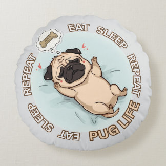 Funny Sleeping Pug Round Pillow | Eat Sleep Repeat ラウンドクッション