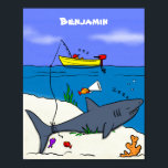 Funny sleeping shark and fishing cartoon ポスター<br><div class="desc">Fun shark style! Features fish playing a prank on a fisherman and inspired by my diving and fishing adventures in and around the waters of Esperance and Albany,  Western Australia.</div>