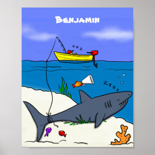 Funny sleeping shark and fishing cartoon ポスター