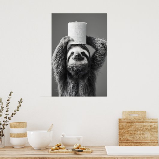 Funny Sloth Bathroom Art Print, Toilet Paper Roll ポスター (キッチン)