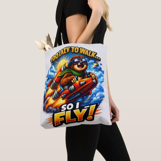 Funny Sloth Rocket Meme, Too Lazy to Walk So I Fly トートバッグ (クローズアップ)