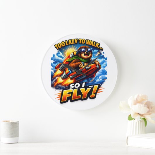 Funny Sloth Rocket Meme, Too Lazy to Walk So I Fly ラージ壁時計 (ホーム)