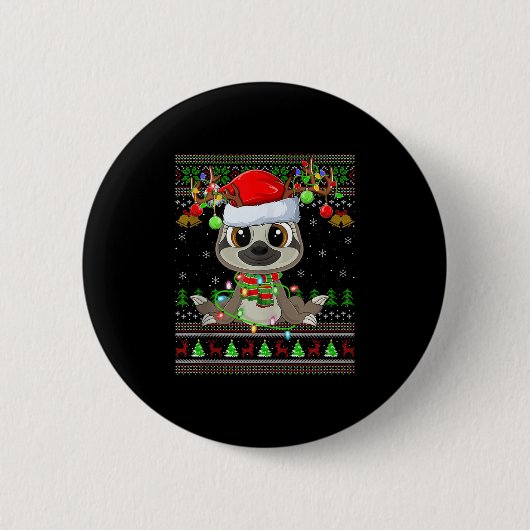 Funny Sloth Ugly Christmas Sweaters Holiday Santa  缶バッジ (正面)