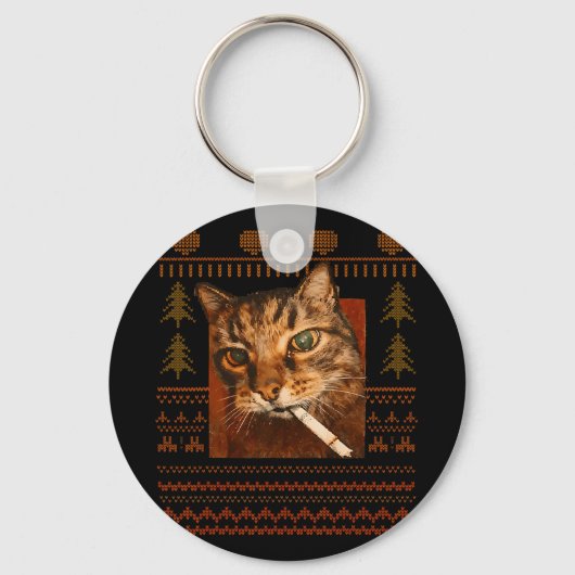 Funny Smoking Cat Meme Christmas Ugly For Men Wome キーホルダー (正面)