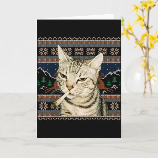 Funny Smoking Cat Meme Christmas Ugly Sweater Cat  カード (黄色い花)