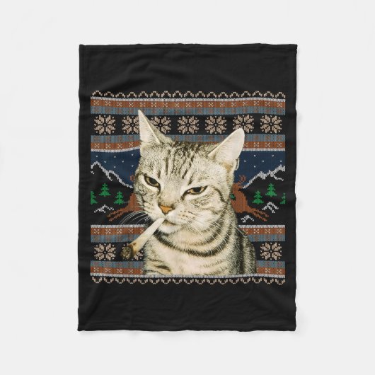 Funny Smoking Cat Meme Christmas Ugly Sweater Cat  フリースブランケット (正面)