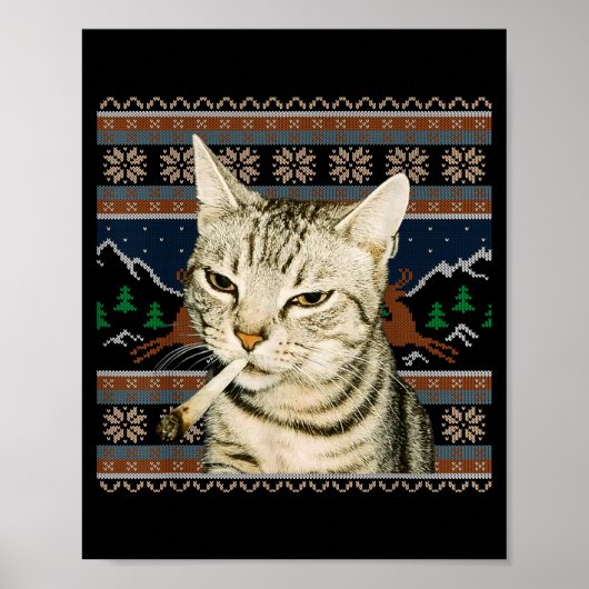 Funny Smoking Cat Meme Christmas Ugly Sweater Cat  ポスター (正面)