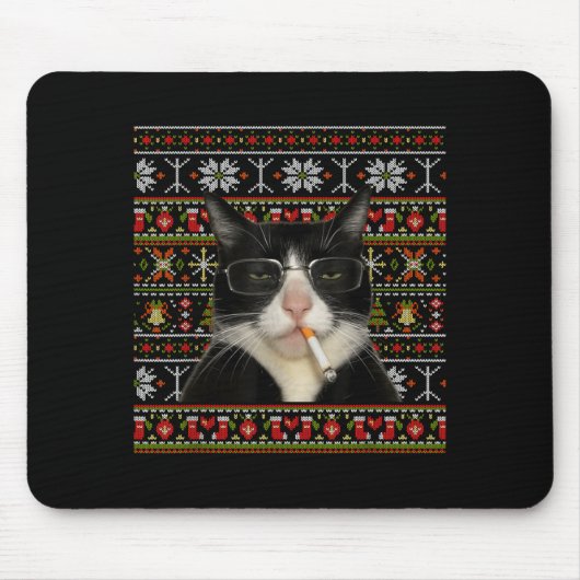 Funny Smoking Cat Meme Christmas Ugly Sweater Cat  マウスパッド (正面)