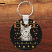 Funny Smoking Cat Meme Christmas Ugly Sweaters For キーホルダー (正面)
