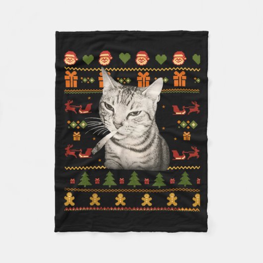 Funny Smoking Cat Meme Christmas Ugly Sweaters For フリースブランケット (正面)