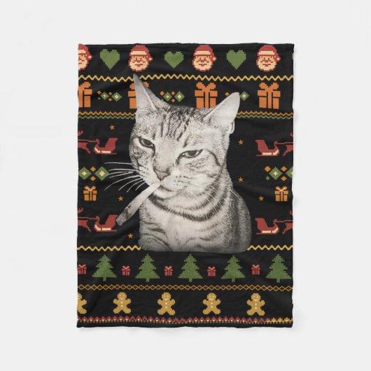 Funny Smoking Cat Meme Christmas Ugly Sweaters For フリースブランケット (正面)