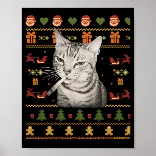 Funny Smoking Cat Meme Christmas Ugly Sweaters For ポスター (正面)
