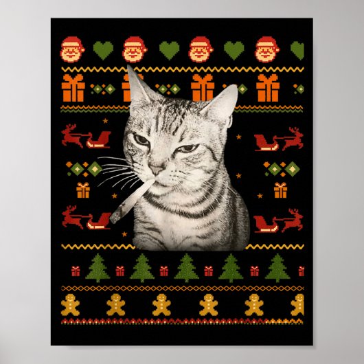 Funny Smoking Cat Meme Christmas Ugly Sweaters For ポスター (正面)