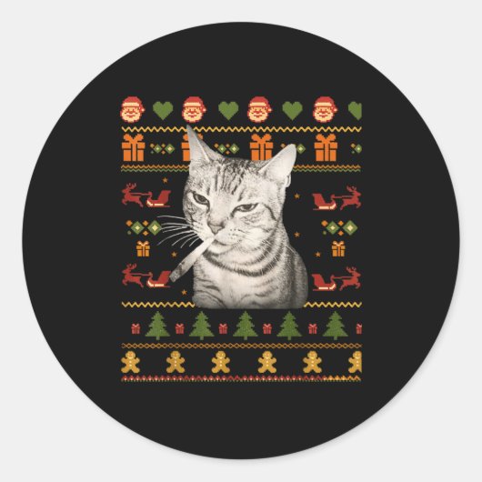Funny Smoking Cat Meme Christmas Ugly Sweaters For ラウンドシール (正面)