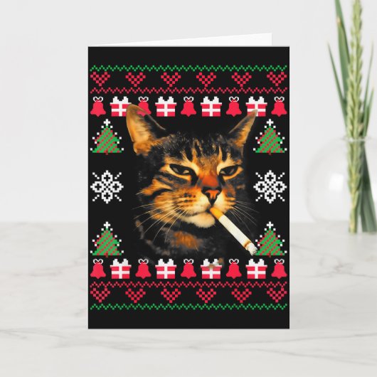 Funny Smoking Cat Meme Ugly Christmas Sweater For  カード (正面)