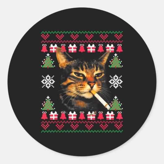 Funny Smoking Cat Meme Ugly Christmas Sweater For ラウンドシール (正面)