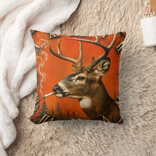 Funny Smoking Deer Rustic Hunting Cabin クッション (ブランケット)