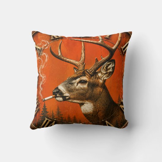 Funny Smoking Deer Rustic Hunting Cabin クッション (裏面)