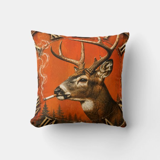 Funny Smoking Deer Rustic Hunting Cabin クッション (正面)